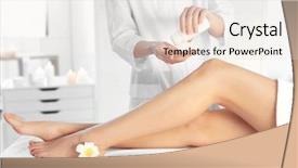  Presentation with beautician - Theme having cosmetology services - beautician applying moisturizing cream background and a light gray colored foreground