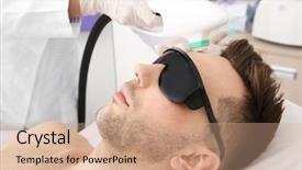  Presentation with beauty salon - Theme having cosmetology services - handsome man getting laser epilation background and a coral colored foreground