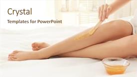  Presentation with bed - Presentation theme with cosmetology services - woman making legs depilation sitting background and a cream colored foreground