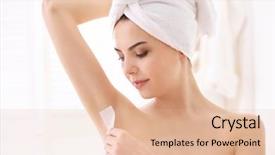  Presentation with real woman hair texture human - PPT theme having cosmetology services - young woman removing armpit hair background and a  colored foreground