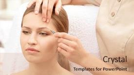  Presentation with correction - Slide deck featuring cosmetology services - young woman undergoing eyebrow correction background and a coral colored foreground