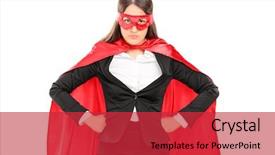  Presentation with costume - Amazing PPT theme having cosplay - woman in superhero costume standing backdrop and a red colored foreground