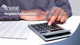  Presentation with courier business finance analysis - PPT theme enhanced with cost account - hand with calculator finance background and a gray colored foreground