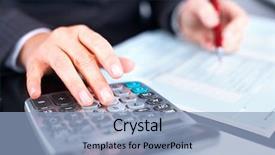  Presentation with business calculator - Cool new presentation design with cost account - hands of accountant business woman backdrop and a light blue colored foreground