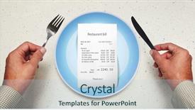  Presentation with benefit - PPT theme featuring cost benefit - bill on empty plate background and a light blue colored foreground