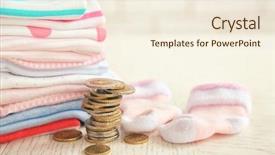  Presentation with baby clothes - Cool new PPT layouts with cost benefit - parenting expenses concept pile backdrop and a cream colored foreground
