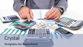 Presentation with business calculator - PPT theme featuring cost capital - hands of businessman with calculator background and a light blue colored foreground