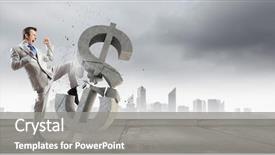  Presentation with symbol - Colorful slide deck enhanced with cost down - businessman breaking stone dollar symbol backdrop and a gray colored foreground
