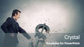  Presentation with symbol - Presentation enhanced with cost down - businessman breaking stone dollar symbol background and a gray colored foreground