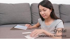  Presentation with record - Presentation design with cost down - woman record the daily expense background and a coral colored foreground