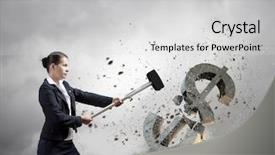  Presentation with law case judge hammer - Colorful presentation enhanced with cost down - young businesswoman crashing with hammer backdrop and a light gray colored foreground