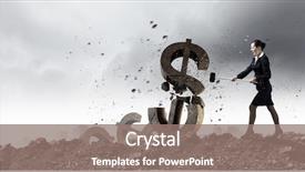  Presentation with stepping stone - PPT theme having cost down - young businesswoman crashing with hammer background and a gray colored foreground