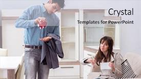  Presentation with save water concept saving - Presentation consisting of cost down - young couple saving money background and a sky blue colored foreground