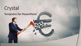  Presentation with euro - Slide set enhanced with cost down - young determined businessman crashing euro background and a light gray colored foreground