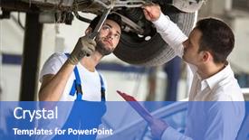  Presentation with repair - Slide deck featuring cost management - assessor and repair man examine background and a teal colored foreground