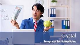  Presentation with spreadsheet data and business charts - Presentation theme featuring cost saving project - busy businessman explaining business charts background and a ocean colored foreground