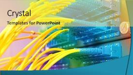  Presentation with isp network cables closeup - Audience pleasing PPT theme consisting of cost serve - closeup of fiber optical network backdrop and a yellow colored foreground