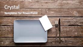  Presentation with empty of wood table top - Beautiful slide set featuring cost serve - empty ceramic dish with fork backdrop and a coral colored foreground