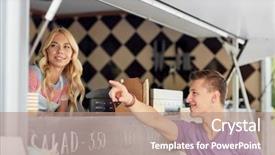  Presentation with food truck - PPT theme having cost serve - street sale and people concept background and a coral colored foreground