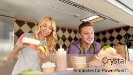  Presentation with street food - Cool new slides with cost serve - street sale and people concept backdrop and a coral colored foreground