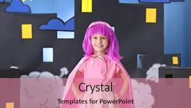  Presentation with child superhero - Presentation design consisting of costume against comic strip theme background and a coral colored foreground
