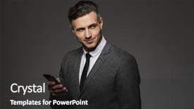  Presentation with elegant business social media - Amazing presentation theme having costume holding smartphone and looking backdrop and a  colored foreground