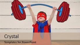  Presentation with heavy weight - Presentation design enhanced with costumer attitude - boy wearing superhero costume lifting background and a  colored foreground