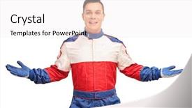  Presentation with attitude - PPT layouts enhanced with costumer attitude - confident young car racer gesturing background and a white colored foreground