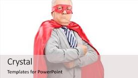  Presentation with costume - Cool new presentation with costumer attitude - mature man in superhero costume backdrop and a light gray colored foreground