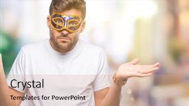  Presentation with new client interview wearing mask - Beautiful PPT theme featuring costumer attitude - young handsome man wearing carnival backdrop and a coral colored foreground