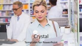  Presentation with prescription - Presentation theme consisting of costumer holding prescription and medicine jar at pharmacy background and a sky blue colored foreground