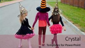  Presentation with theatrical costumes - Presentation design with costumes and hats walking away background and a violet colored foreground