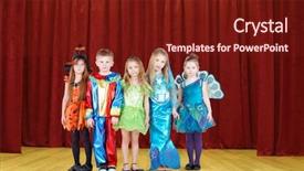  Presentation with children - Colorful PPT layouts enhanced with costumes on red stage collage backdrop and a tawny brown colored foreground