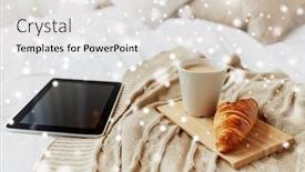  Presentation with croissant - Audience pleasing slide deck consisting of cosy home morning and winter concept - tablet pc computer coffee cup and croissant on bed over snow backdrop and a white colored foreground