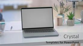  Presentation with laptop blank screen - PPT theme with cosy-home-office-desk background and a  colored foreground
