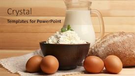  Presentation with clay - PPT theme enhanced with cottage cheese in clay bowl with jug of milk loaf of bread and eggs on wooden planks background background and a coral colored foreground