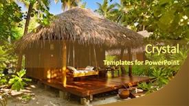  Presentation with vacation - Beautiful slides featuring cottage door - beach bungalow - maldives vacation backdrop and a tawny brown colored foreground