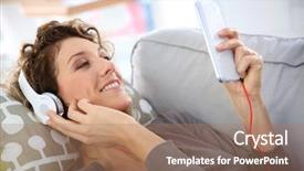  Presentation with listening woman - Slide deck having couch and listening to music background and a coral colored foreground