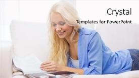  Presentation with reading - Amazing PPT theme having couch and reading magazine backdrop and a white colored foreground