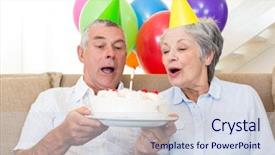  Presentation with senior couple - Beautiful presentation design featuring retirement party baloons - senior couple sitting on couch backdrop and a sky blue colored foreground