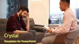  Presentation with 3d man sitting question mark - PPT theme consisting of couch meeting with male counsellor background and a tawny brown colored foreground