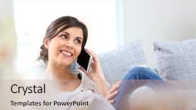  Presentation with cheerful - Amazing slide deck having couch talking on mobile phone backdrop and a coral colored foreground