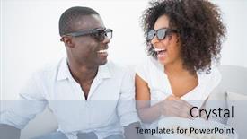  Presentation with living room - Colorful PPT theme enhanced with couch together watching 3d movie backdrop and a light blue colored foreground