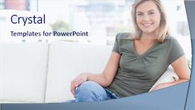  Presentation with happy smiling woman dental health - Amazing presentation theme having couch with her legs cross backdrop and a sky blue colored foreground