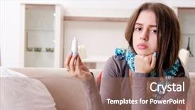  Presentation with sick building - Presentation having cough drop - sick young woman suffering background and a coral colored foreground