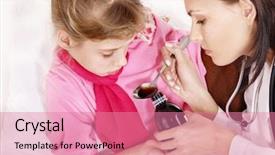  Presentation with child medicine - PPT theme with cough syrup - sick child take medicine background and a coral colored foreground