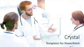  Presentation with group - Audience pleasing presentation theme consisting of council - group of doctors talking backdrop and a sky blue colored foreground
