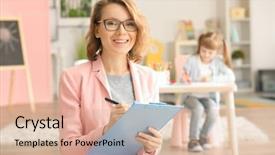  Presentation with child psychology - Cool new slides with counsellor - child psychologist with clipboard backdrop and a lemonade colored foreground