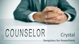  Presentation with front desk - PPT theme featuring counsellor - man wearing a suit sitting background and a sky blue colored foreground