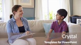  Presentation with home textiles - Audience pleasing slide deck consisting of counsellor - young boy talking with counselor backdrop and a gray colored foreground